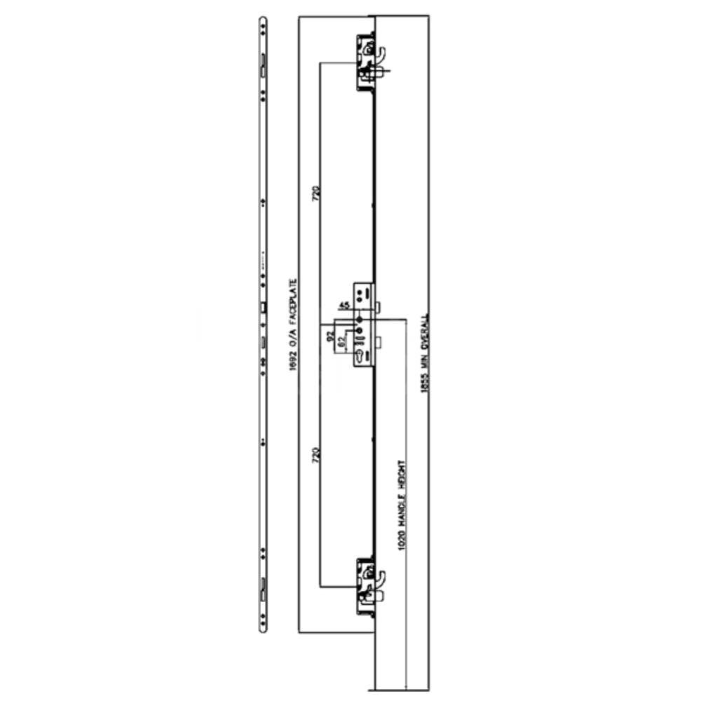 Dimensions Image: Millenco Mantis 3 Twin Spindle Multipoint Door Lock