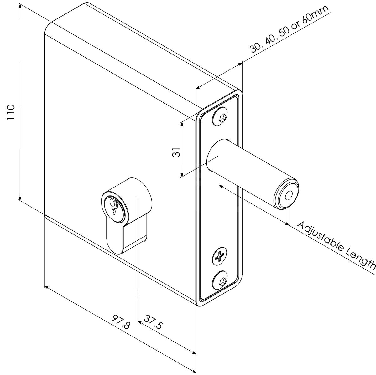 Dimensions Image: Gatemaster Select Pro Weld-In Deadlock
