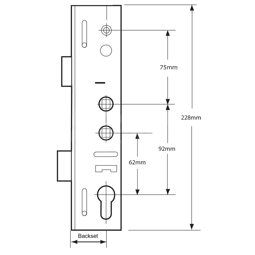 Dimensions Image: Lockmaster Twin Spindle Latch &amp; Deadbolt Gearbox